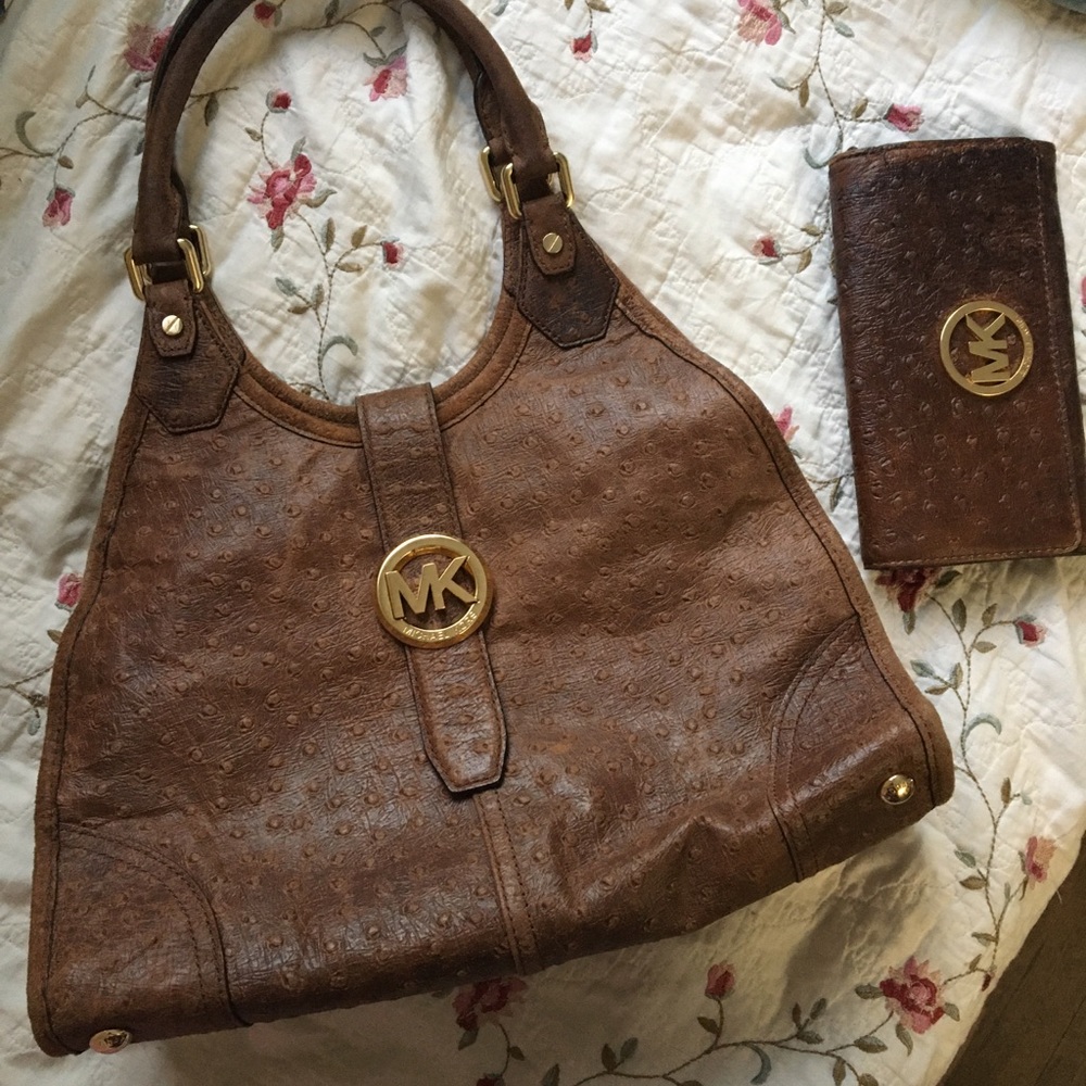 Unique Michael Kors cognac brown embossed ostrich leather satchel with wallet